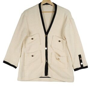 Maje Cardigan Jacket 100% Cotton Gold Crest Buttons Ecru Black Trim E18VEGA ECRU